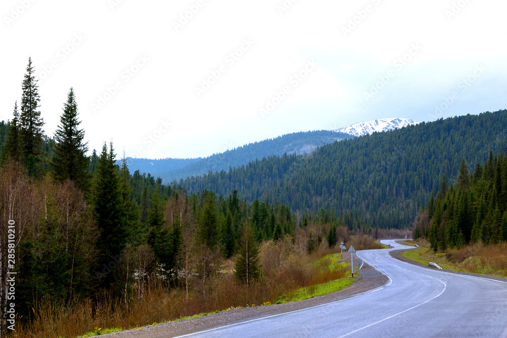 Nature Mountains mountains Road Highway Snow in the mountains, the Forest of Pine, Spruce Picturesque panorama of a Green summer spring outdoor Sky