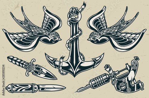 Vintage tattoo designs monochrome set