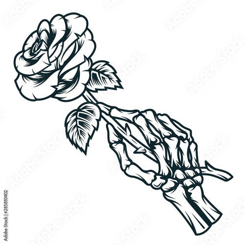 Skeleton hand holding rose flower