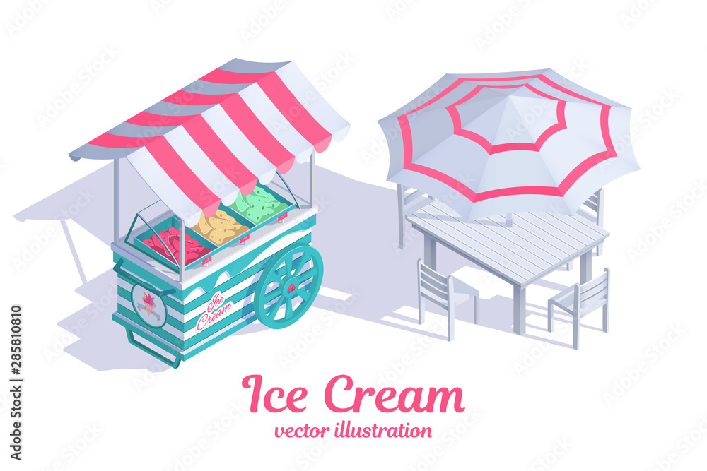 Ice cream cart with awning. Place to rest. Umbrella with table and chairs.  Summer sweet dessert. Street food kiosk, delicious refreshment. Vector  cartoon isometric design. Advertising landing page. Stock Vector | Adobe