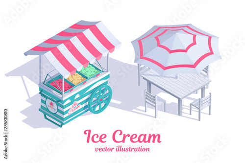 Ice cream cart with awning. Place to rest. Umbrella with table and chairs. Summer sweet dessert. Street food kiosk, delicious refreshment. Vector cartoon isometric design. Advertising landing page.