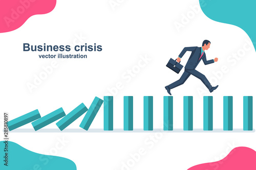 Business crisis. Businessman running down the falling dominoes. Domino effect. Vector illustration flat design. Isolated on white background. Template for the front page of a failed business.