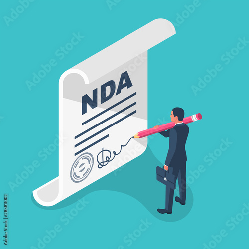 Non disclosure Agreement document with signature and stamp. NDA concept. Businessman signs a privacy document. Vector illustration isometric design. photo