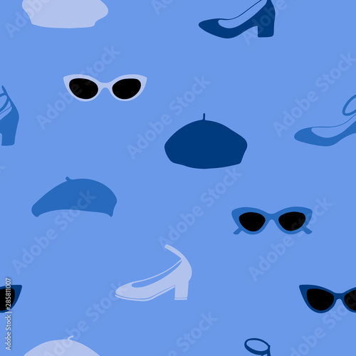 Hand drawn seamless pattern with sunglasses, shoes and berets on blue background.