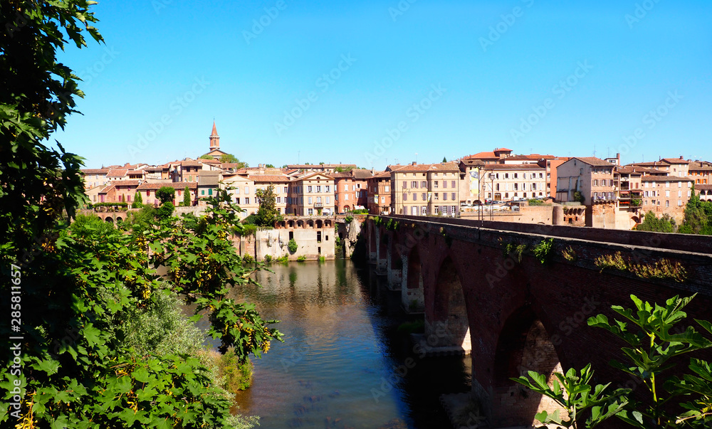 view of Pont-Vieux (Old Bridge) on the river Tarn in Albi in Occitanie (South of France)