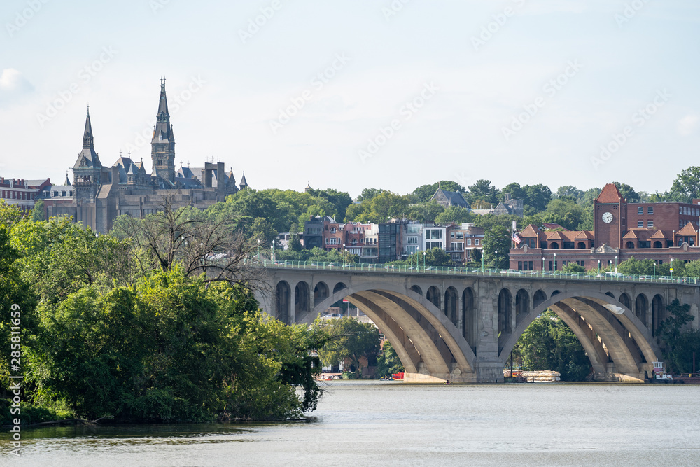 Skyline view of Georgetown Washington DC, with the Potomac River and Key Bridge