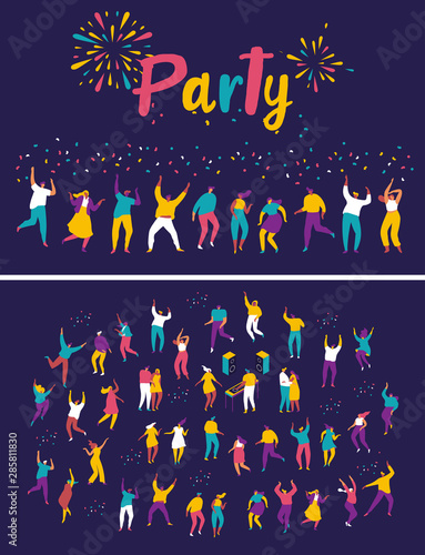 Party people. Large group of male and female cartoon characters having fun at party. Crowd of young people  dancing at club or music concert. Flat colorful vector illustration on dark background.