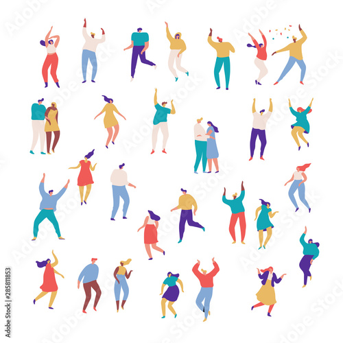 Party people. Large group of male and female cartoon characters having fun at party. Crowd of young people  dancing at club or music concert. Flat colorful vector illustration on white background. © Oksana
