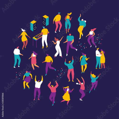 Party people. Large group of male and female cartoon characters having fun at party. Crowd of young people  dancing at club or music concert. Flat colorful vector illustration on dark background.