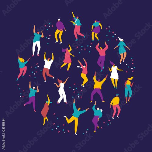 Party people. Large group of male and female cartoon characters having fun at party. Crowd of young people  dancing at club or music concert. Flat colorful vector illustration on dark background.
