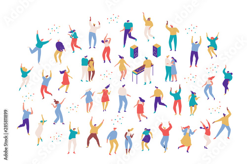 Party people. Large group of male and female cartoon characters having fun at party. Crowd of young people dancing at club or music concert. Flat colorful vector illustration on white background.