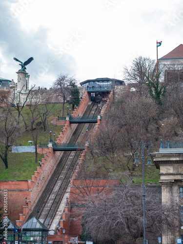 Photography Budapest, Hungary - Mar 9th 2019: The Budapest Castle Hill Funicular or Budavári Sikló is a funicular railway in the city of Budapest, in Hungary