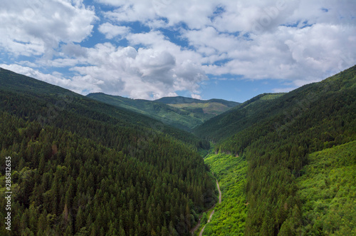 Aerial View Green Grass Summer Mountain In Mountains. View of Carpathians Mountains In Drone Aerial View © ungvar