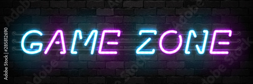 Vector realistic isolated neon sign of Game Zone typography logo for template and layout on the wall background. Concept of gaming.