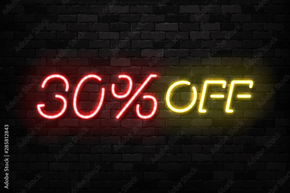 Vector realistic isolated neon sign of Neon Sale Discount 30 Percent logo for template decoration on the wall background. Concept of Black Friday and winter holidays. Vector realistic isolated neon sign of Neon Sale Discount 30 Percent logo for template decoration on the wall background. Concept of Black Friday and winter holidays.