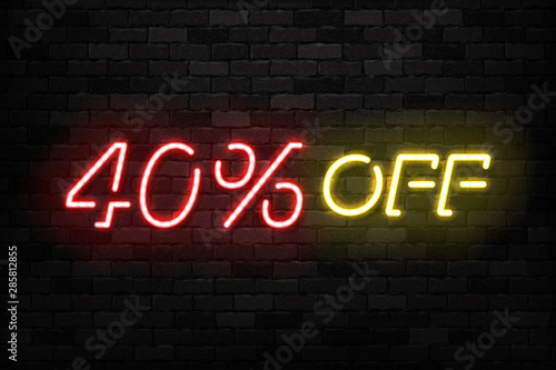 Vector realistic isolated neon sign of Neon Sale Discount 40 Percent logo for template decoration on the wall background. Concept of Black Friday and winter holidays.
