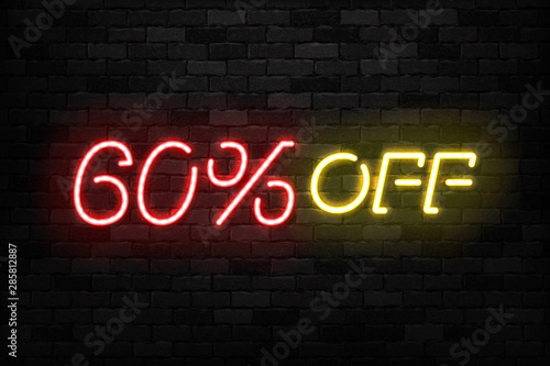 Vector realistic isolated neon sign of Neon Sale Discount 60 Percent logo for template decoration on the wall background. Concept of Black Friday and winter holidays.