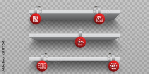 Shop shelves with wobblers. White 3D empty wall shelf with realistic round promotional wobblers. Vector isolated announcement promotion sale wobbler on transparent background photo