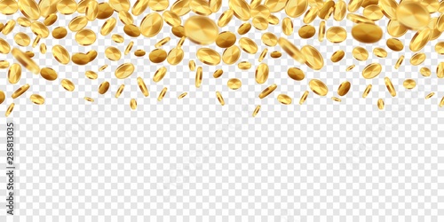 Golden coins falling. 3D money on transparent backgrounds. Vector isolated realistic coin rain from the top, like concept finance investment in banking
