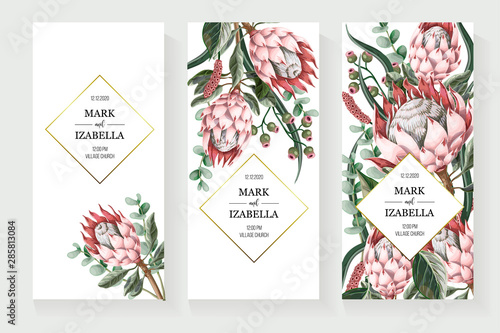 Wedding invitation with leaves, protea flowers, succulent and golden elements in watercolor style.