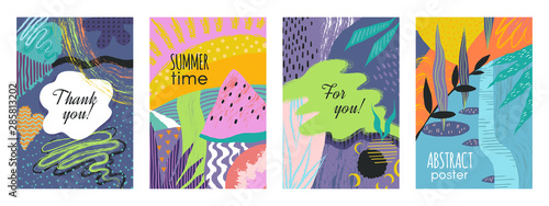 Abstract brush posters. Modern trendy fashion design with floral paint art elements, birthday invitation card. Vector hand drawn doodle patterns set for poster cards cover