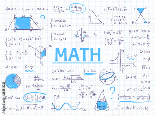 Doodle math. Algebra and geometry school equation and graphs, hand drawn physics science formulas. Vector image formulas education sketch for student homework
