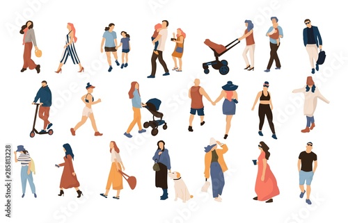 Trendy people crowd. Modern cartoon persons and couples walking in crowd, summer outdoor collection. Vector illustration many character city flat men and women walk photo