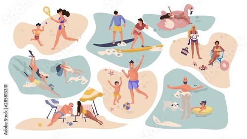 People beach activities. Cartoon characters on summer vacation, surfing swimming sunbathing outdoor scenes. Vector isolated flat illustration activity male, female with kids on water recreation