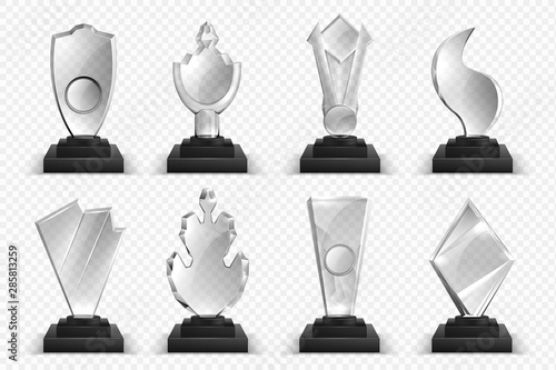 Transparent trophies. Realistic glass crystal awards, winner prizes stars and cups, 3D championship award collection. Vector illustration isolated set blank acrylic board on black base