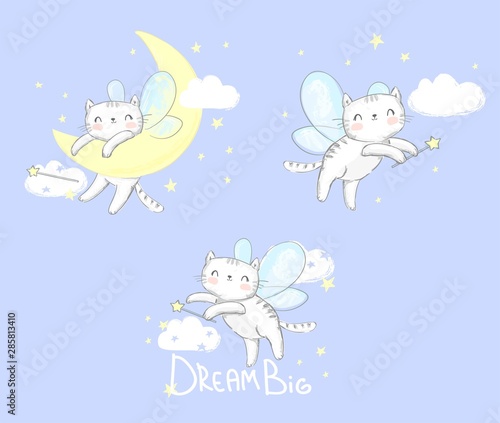 Cute Cat with wings. Magic Set Vector Illustration. Children s print and poster.