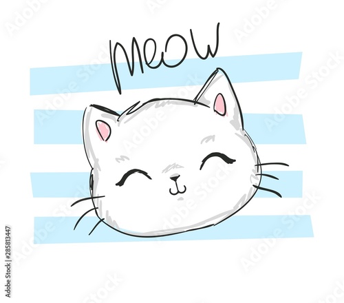 Hand Drawn Cute cat with phrase lovely cute weow vector illustration. Children's design poster.