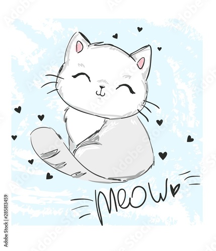 Hand Drawn Cute cat with phrase lovely cute weow vector illustration. Children's design poster.