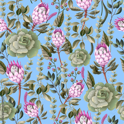 Seamless pattern with leaves, protea flowers, succulent and eucalyptus.