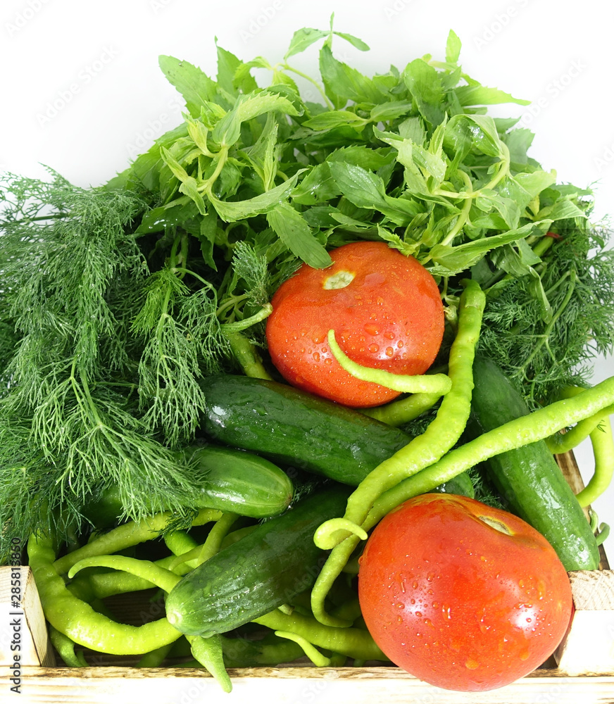 Fresh vegetables - tomatoes, peppers, cucumbers and dill. Fresh vegetables - tomatoes, peppers, cucumbers and dill.