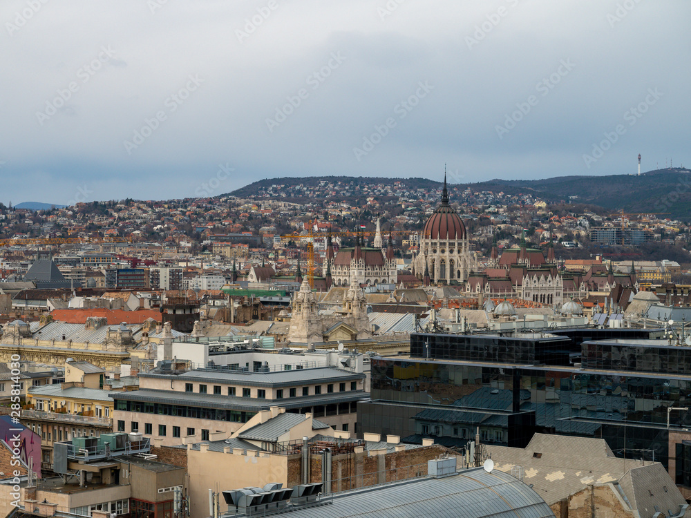 Budapest, Hungary - Mar 8th 2019: View of Budapest city from St. Stephen's Basilica. Budapest is Hungary’s capital, and bisected by the River Danube.