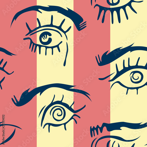 Seamless pattern with hand drawn eyes and eyebrows on striped background. Eyes pattern.