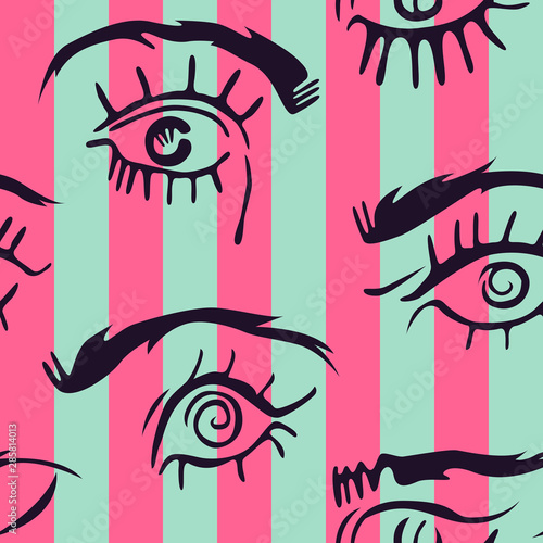 Seamless pattern with hand drawn eyes and eyebrows on striped background. Eyes pattern.
