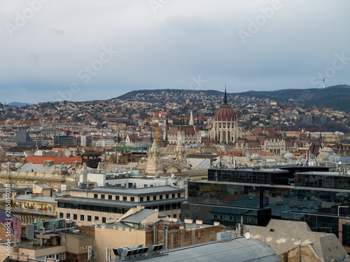 Budapest, Hungary - Mar 8th 2019: View of Budapest city from St. Stephen's Basilica. Budapest is Hungary’s capital, and bisected by the River Danube.
