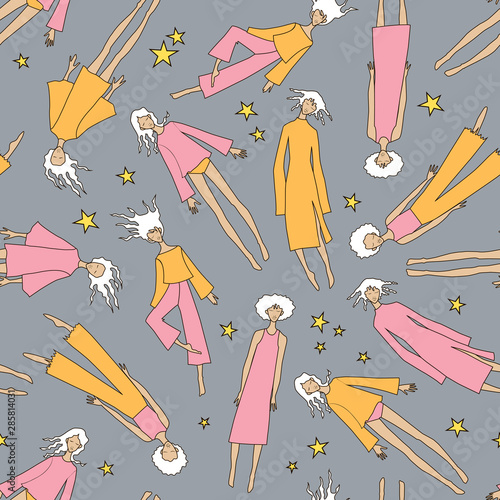 Nice seamless pattern with chaotic flying girls