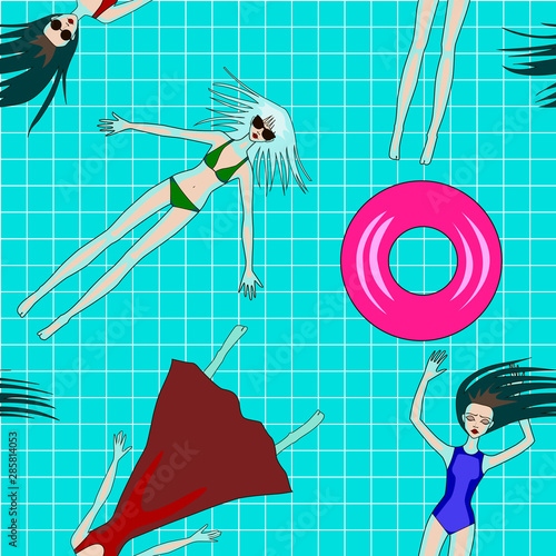 Summer seamless pattern with girls in the pool. Girls in swimsuits. Pool with people, tube and ball. Girls swim in the pool.