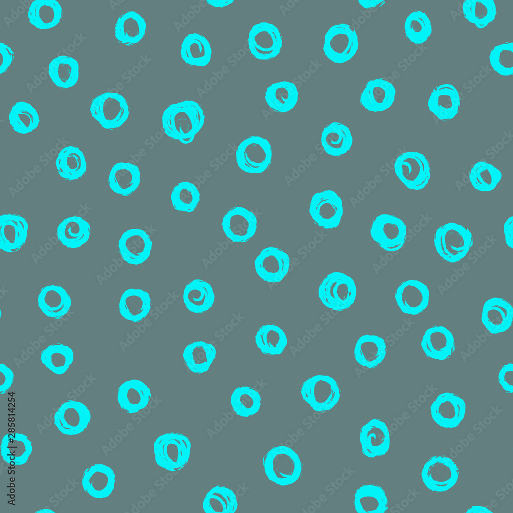 Decorative seamless pattern with hand drawn ring. Hand painted circle in turquoise colours. Seamless abstract pattern. Stylish vector seamless pattern with small chaotic blue ring on gray backdrop. 