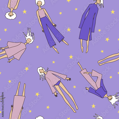 Nice seamless pattern with chaotic flying girls