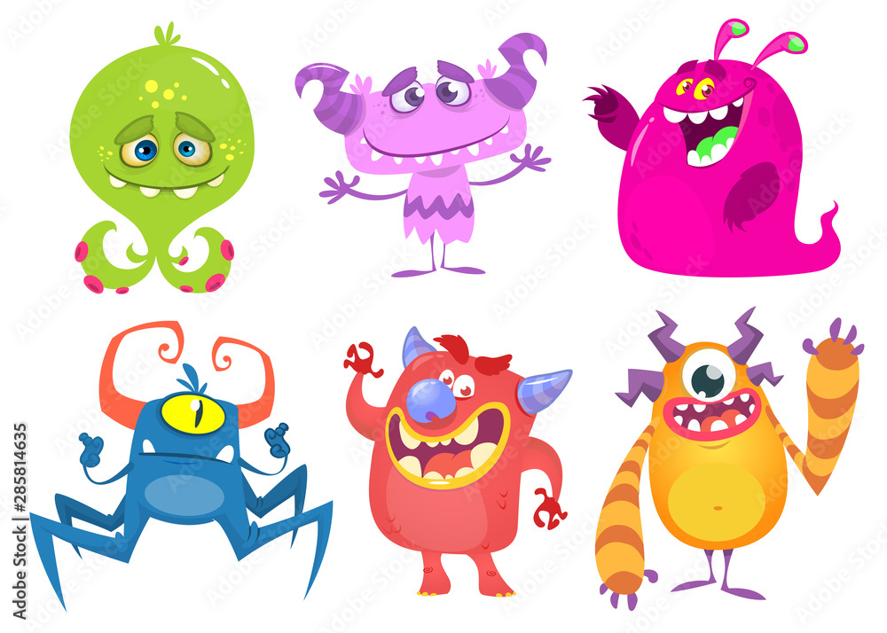Naklejka premium Funny cartoon monsters set. Halloween vector illustration