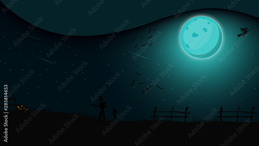 Naklejka premium Halloween night, night landscape with full moon, witches and zombies