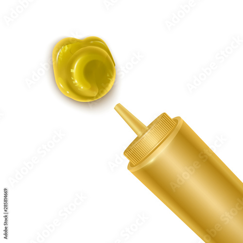 Bottle and spilled sauce of mustard, Top view of a bottle of mustard with a small blob squeezed out onto a white background. Vector Eps 10 illustration