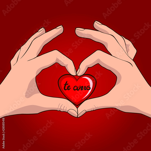 Valentine's day card with hand making heart sign and typography lettering phrase te amo on the red background. Сalligraphy inscription "te amo" and sign hand shape heart.