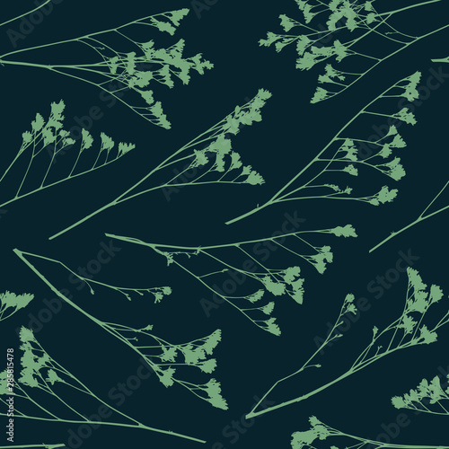 Vector herbs seamless pattern. Wild grass silhouettes background. Hand drawn vector seamless pattern with floral elements. Vector pattern with grass and flowers. 