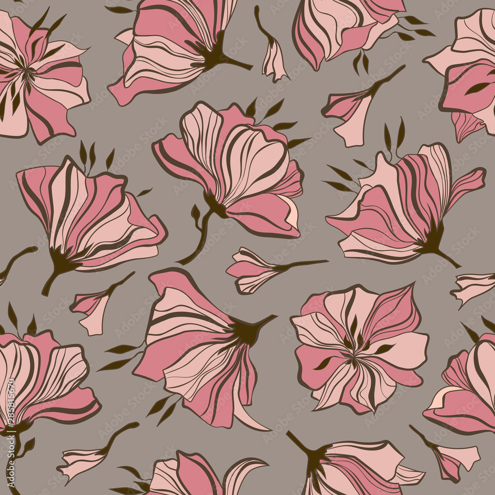 Decorative seamless pattern with chaotic flowers. Endless floral ornament with pink acosmic poppies on blue backdrop. Stylish background for fabric, wrapping, decoration. Decorative seamless pattern with chaotic flowers. Endless floral ornament with pink acosmic poppies on blue backdrop. Stylish background for fabric, wrapping, decoration.