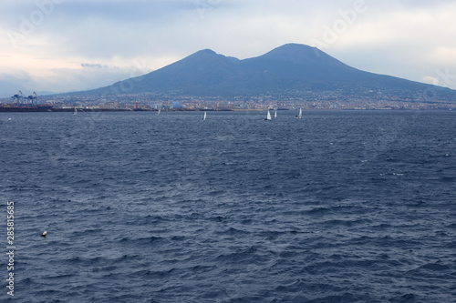 View of the active volcano Vesuvius and the Gulf of Naples from the city of Naples.