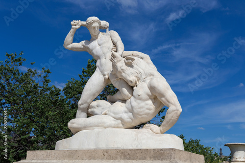 View of the marble sculpture Theseus and the Minotaur (1827) by Etienne-Jules Ramey (1796-1852) in the Tuileries Park, Paris, France.